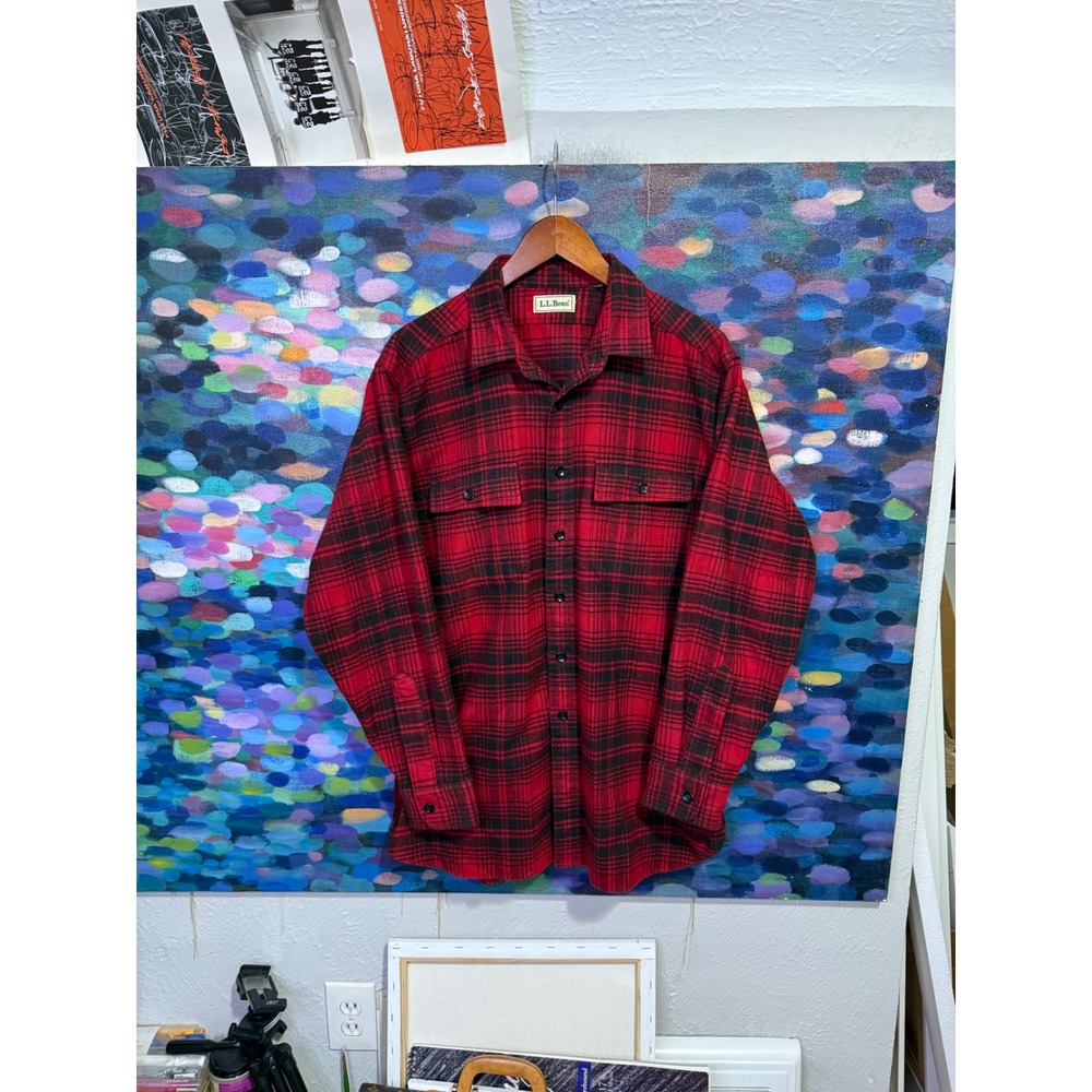 LL Bean Mens Red Black Plaid Flannel Button Down Shirt XL